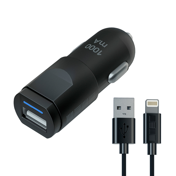 Автомобильное зарядное устройство для Apple InterStep 1 USB 1A + кабель Lightning, Black
